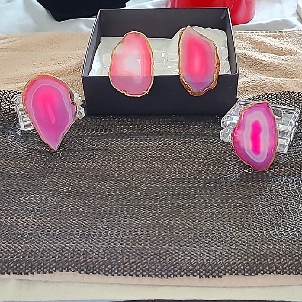 NEW Set 4 Brazilian Agate quartz slices napkin rings handmade Home Decor